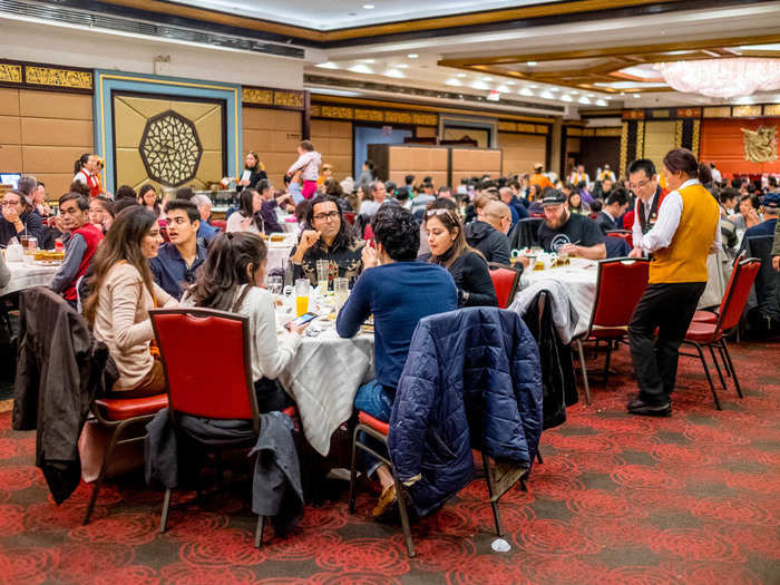 Because it usually hosts weddings, the tables fit 10-12 people. Unless you