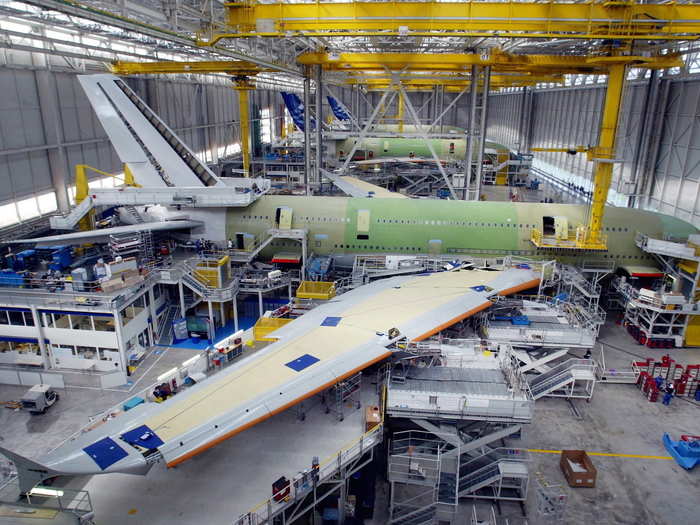 The A380 is built in a 1.6 million square feet assembly plant at Airbus headquarters in Toulouse, France.