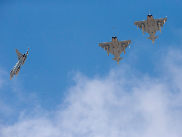 Attending for the first time are the air forces of Germany, India, and France. Here, three German Eurofighter Typhoon fighter jets fly over Ovda airbase.