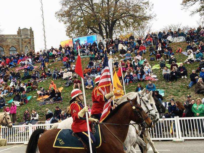 Plymouth, Massachusetts takes pride in the fact that the first Pilgrims arrived to its town via the Mayflower in 1620. In its parade, some dress in 17th century-style garb.