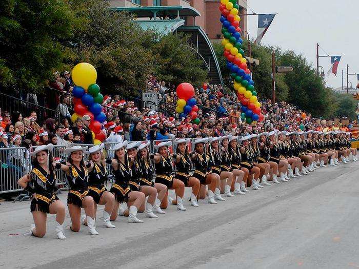 Cheerleaders perform every year at the Thanksgiving parade in Houston, Texas.