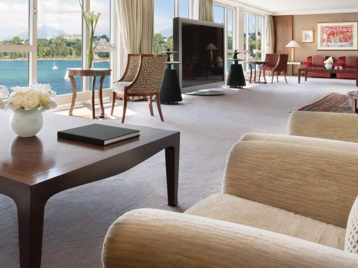 At 18,000 square feet, the penthouse of the Hotel President Wilson in Geneva claims to be the largest hotel room in Europe.