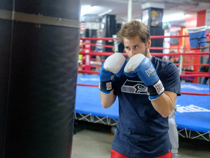 After about fifteen minutes of working on jab combinations and step work, Roca called time. When Roca trains pros, he has them in the gym all the time, conditioning, sparring, or hitting bags. "Professional fighting is hell," said Roca.