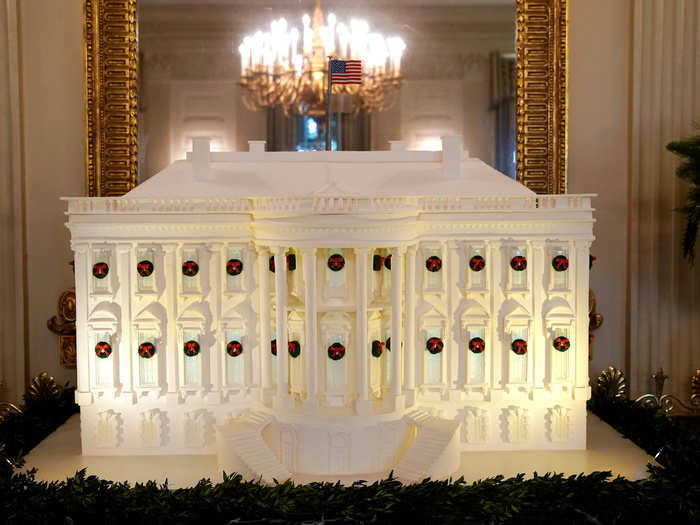 One of the more impressive items staff were able to prepare is a giant gingerbread White House. Here it is on display in the state dining room.