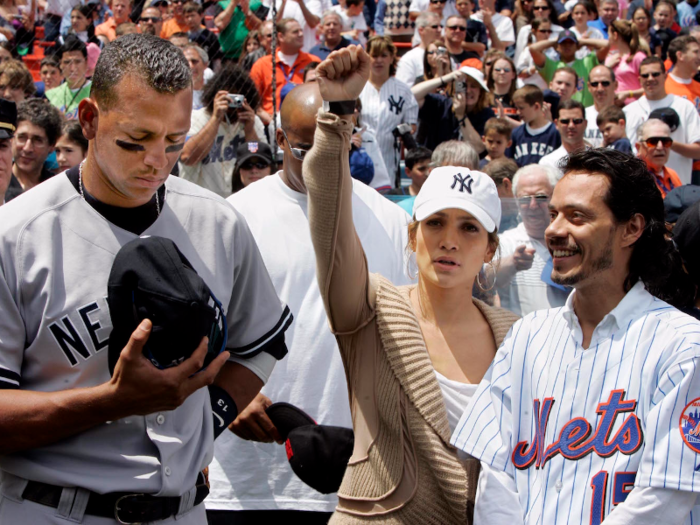 Jennifer Lopez and Alex Rodriguez first met in 2005. Marc Antony, who was married to Lopez at the time, threw the first pitch at a Mets game.