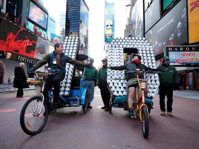 In 2008, NYC banned cars from Times Square. Pedicabs began driving the ball