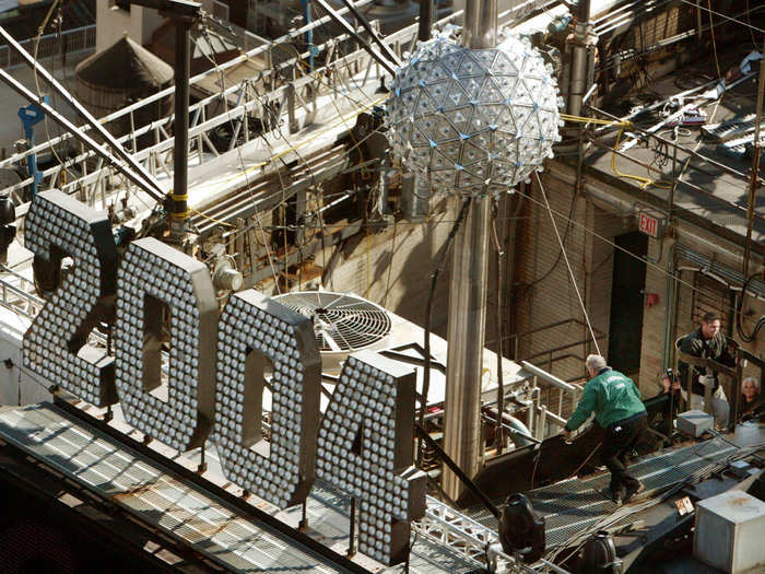 Over time, the ball became more intricate in design and larger in size. In the 2003 photo below, workers tested the 1,070-pound crystal ball that hovered 400 feet above Times Square.