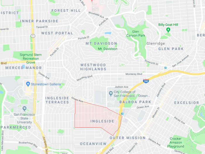 Ingleside sits to the far south of the rest of the city, sandwiched between Balboa Park and San Francisco State University. Highway 280 brushes its western border.