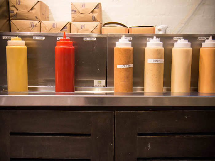 They offer a variety of sauces for the fries: ketchup (obviously) along with Sriracha, Old Bay, Chipotle, and Mango. Already a fan of the first two, I went out on a limb and tried the last three.