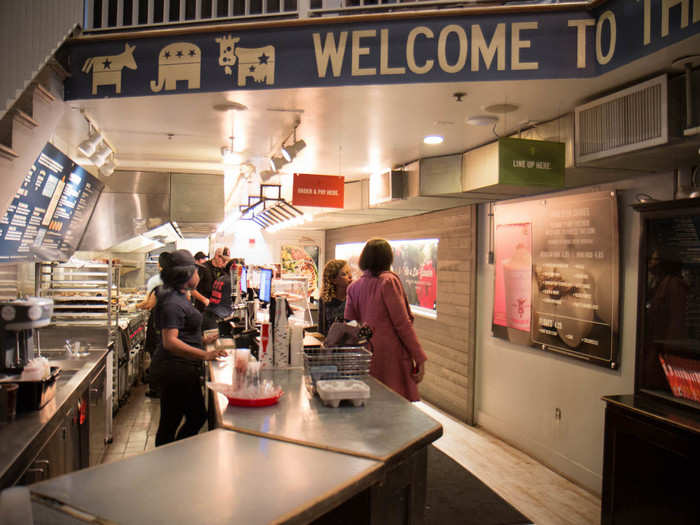 The inside, which is long and narrow, has two floors. The first floor is where orders are taken and food is prepared.