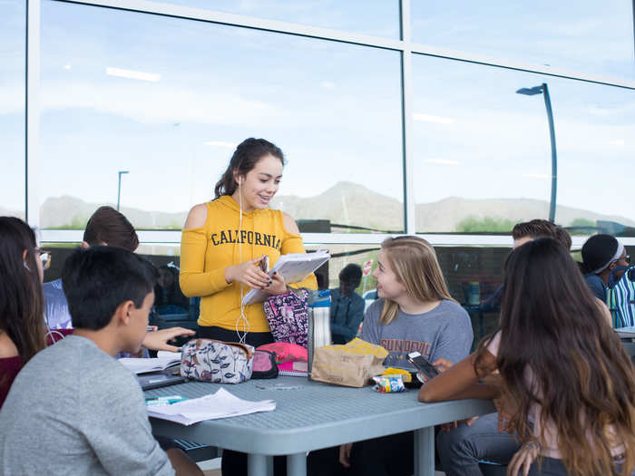 At lunchtime, students poured into the courtyard to hang out with friends or get a head start on homework.