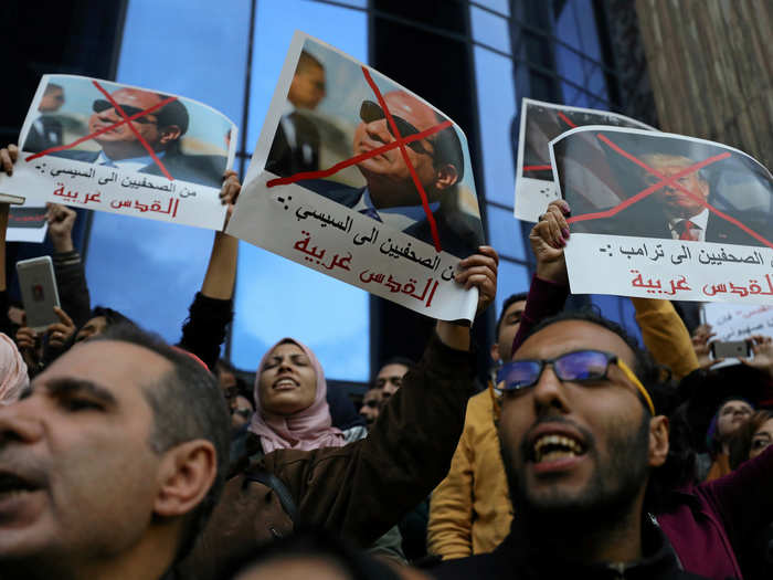 The demonstrations also extended beyond Israel and the Palestinian territories — in Cairo, protestors directed their rage at not just Trump, but also Egyptian President Abdel Fattah al-Sisi and Israeli Prime Minister Benjamin Netanyahu.