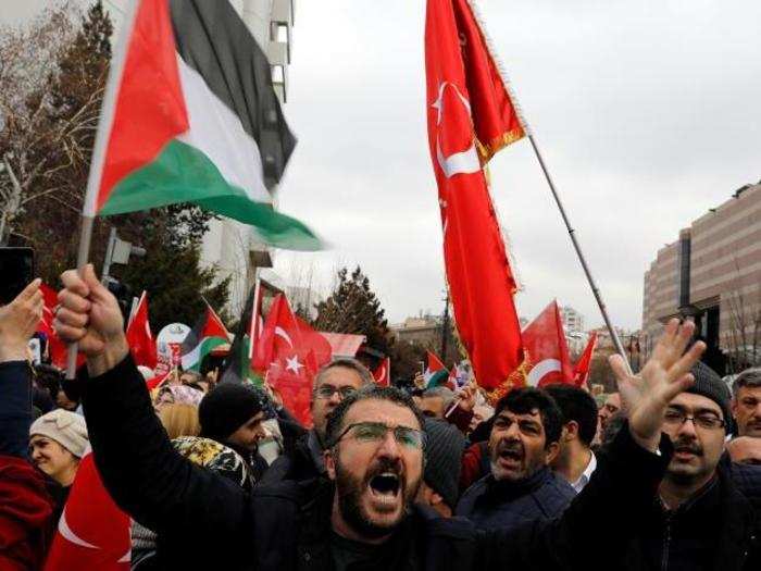 Protestors in Ankara, Turkey demonstrated in front of the US embassy where American marines remained on high alert.