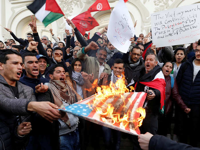 Anti-American sentiment was high in Tunis, Tunisia. Protestors burned US flags and called for Palestinian control of Jerusalem.