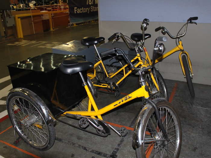 Boeing factory workers move around the facility on tricycles like these.