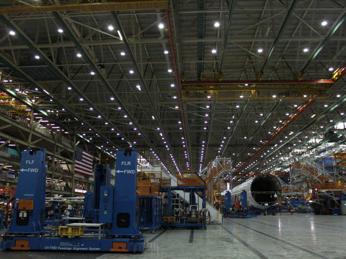 Just around the corner from the 777 line is the new 787 Dreamliner line. It is where parts sourced from around the world come together.