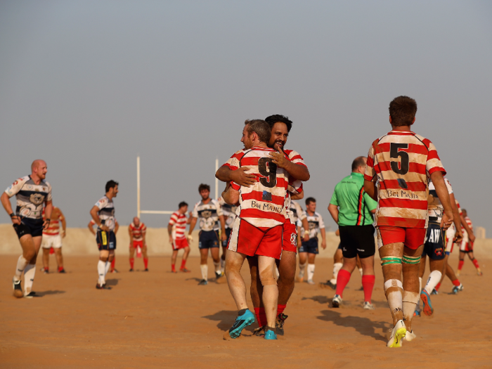 If you needed warming up after ice golf, how about beach rugby at Ras Al Khaimah in the United Arab Emirates?