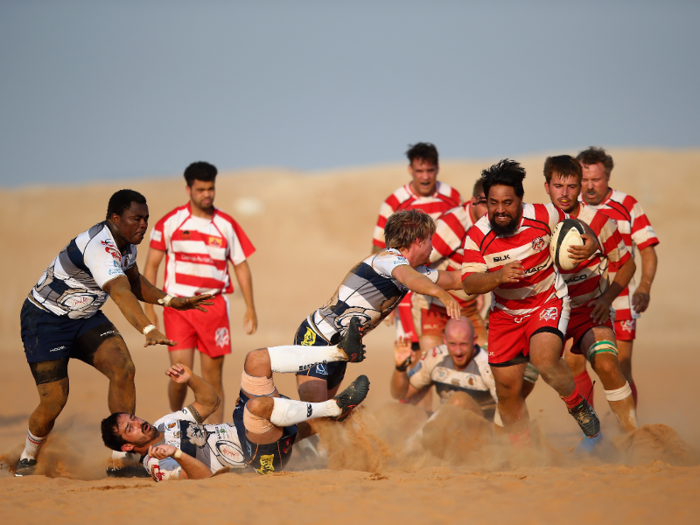 Before RAK Rugby Club moved into its current grassy home, it had to play UAE Community League matches on a makeshift sand pitch. Here, the team is playing against the Beaver Nomads, a side from Dubai.