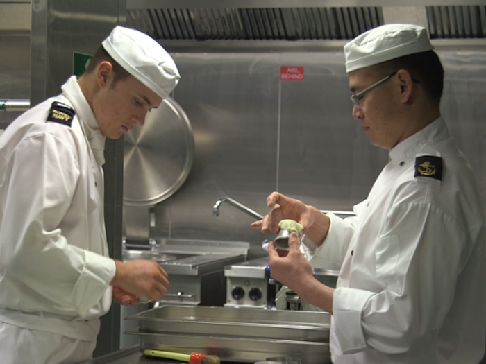 Then we went further into the ship, to the galley (kitchen), where chefs were getting ready to feed the Queen on her visit two days later.