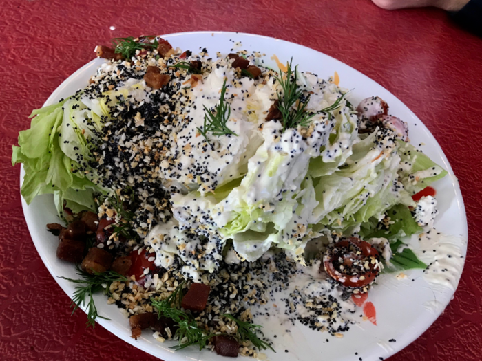 Beyond sandwiches, the wedge salad was enough to convince me that iceberg lettuce is due for a comeback. The crisp, over-sized wedge is covered with everything bagel "crunchy stuff," which I now believe should be a wedge salad standard.