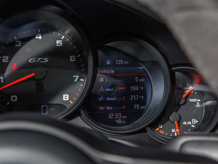 The gauges are analog and the tachometer is front and center. The engine redlines at 7,500 rpm.