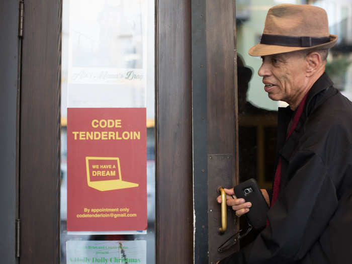 Our last stop was the offices of Code Tenderloin, which Seymour founded in 2015. The non-profit partners with tech companies like Twitter, Zendesk, and Dolby Laboratories to mentor and train students and get them ready for jobs at tech companies in the neighborhood.