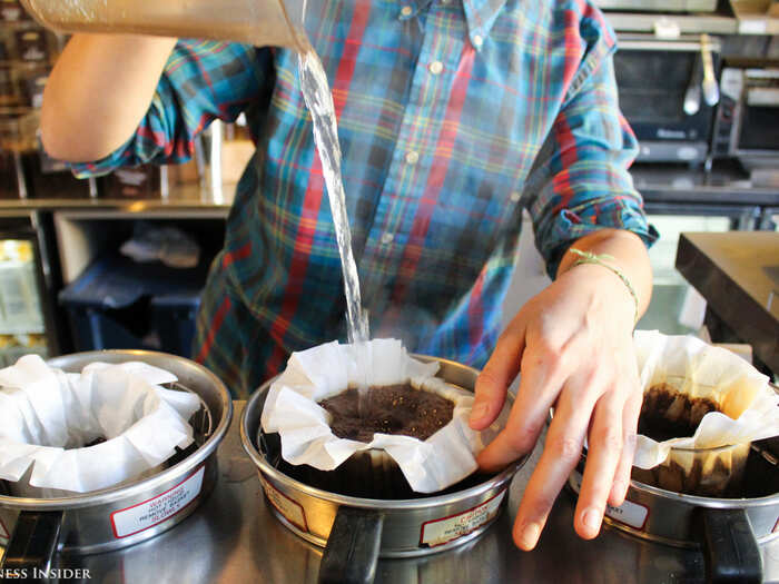 Baristas brew one cup at a time using a pour-over method, which allows them to make each drink exactly how the customer likes it. (Blue Bottle also uses a pour-over method.)