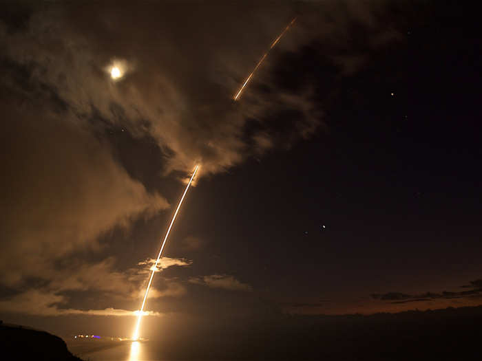 A medium-range ballistic missile target is launched from the Pacific Missile Range Facility in Hawaii, which was successfully intercepted by SM-6 missiles fired from the USS John Paul Jones on August 29.