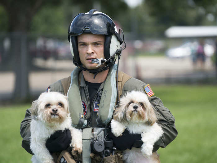 A Naval aircrewman rescues two dogs at Pine Forrest Elementary School, a shelter that required evacuation after flood waters from Hurricane Harvey reached its grounds on August 31.