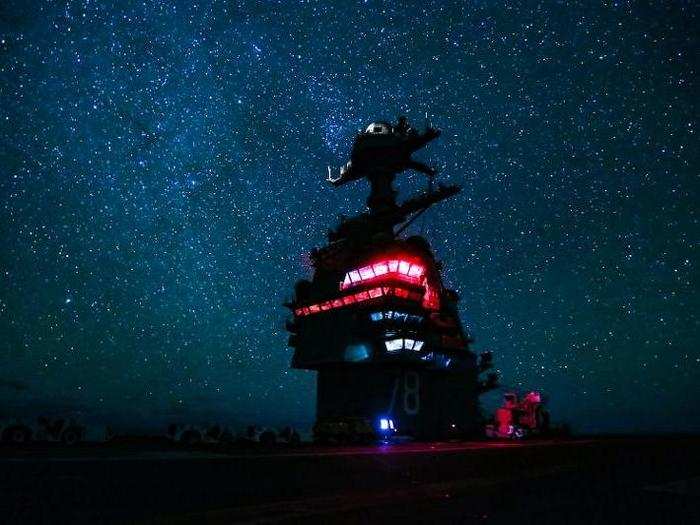 The new USS Gerald R. Ford aircraft carrier transits the Atlantic Ocean on December 13.