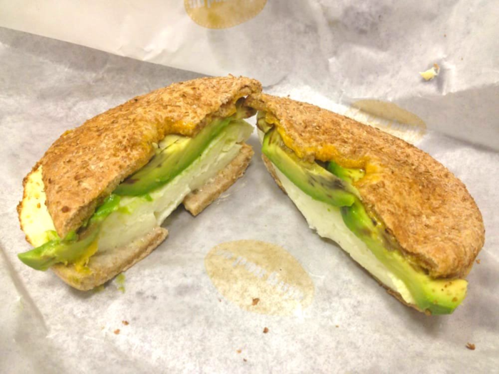 Au Bon Pain — Egg White, Cheddar & Avocado on a Skinny Wheat Bagel (360 calories)