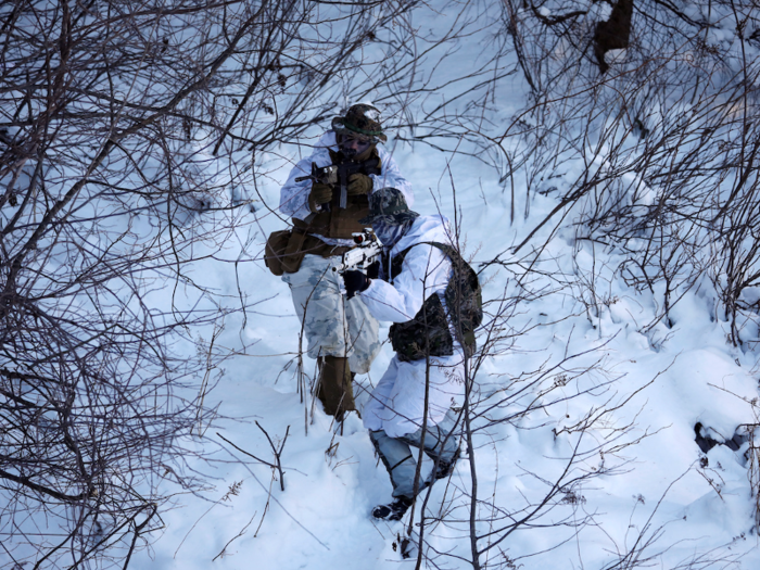 South Korean soldiers can be recognized by the winter camouflage on their faces, while US Marines can be recognized by their M4s and woodland/winter MARPAT camouflage kit.