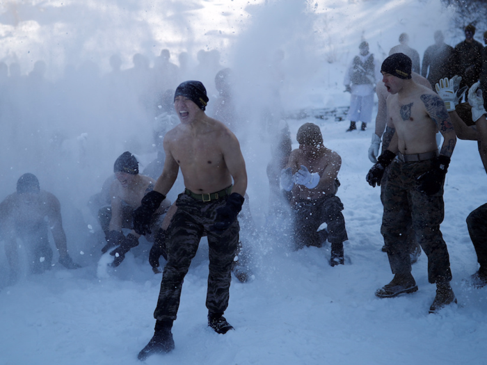 Physical conditioning was a big part of the exercises, and periodically Marines from both countries would be ordered to stop and throw snow in the air while screaming, like these South Korean Marines.