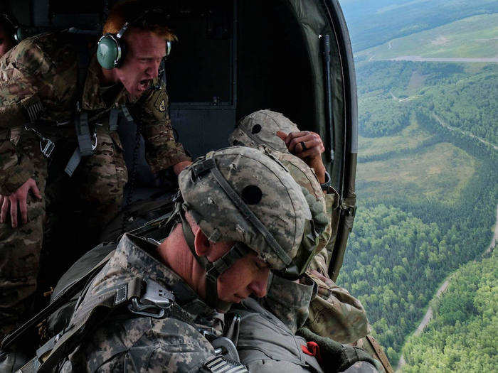 Paratroopers conduct Hollywood jumps at Joint Base Elmendorf-Richardson, Alaska on July 27. The luxurious jumps are known as Hollywood jumps because the paratroopers wear nothing but a parachute and a reserve.