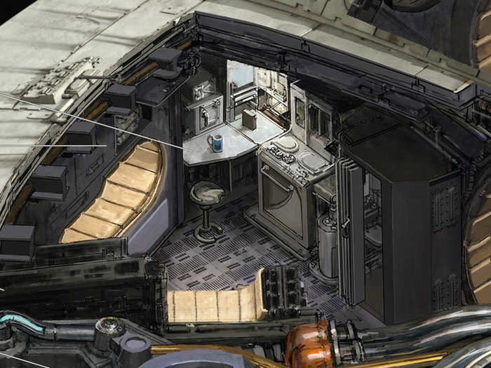 One of the more controversial additions to the Falcon was a galley and a kitchen, which Remillard intended as a gift from Han Solo to Leia Organa after their wedding.