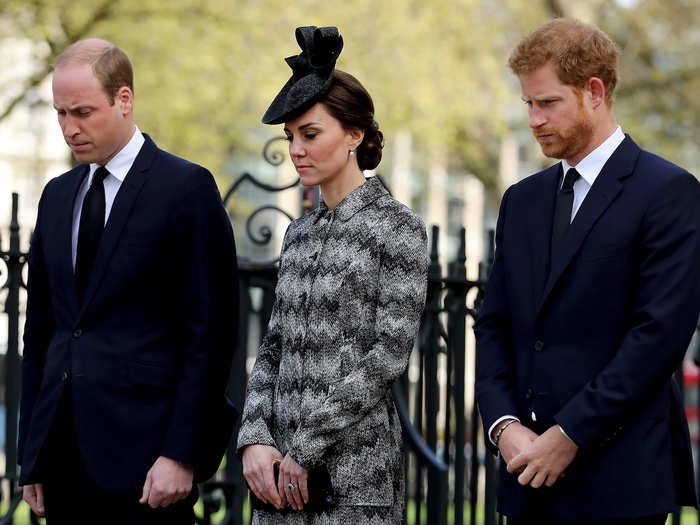 There were sad times too. Here the Royal trio bow their heads outside a remembrance service held a few days after the terror attack on Westminster Bridge at the end of March.