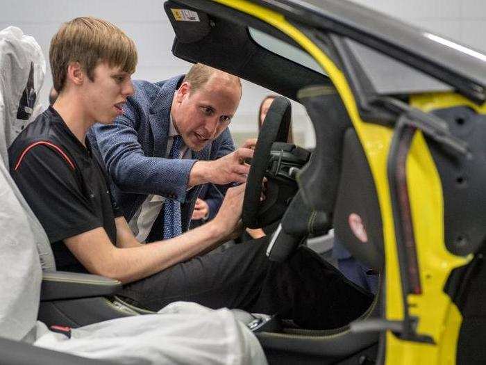 The princes have long been fans of advanced technology — especially helicopters, which both men flew for work. Here William looks very interested in helping to assemble a McLaren at a factory in Woking, Surrey.