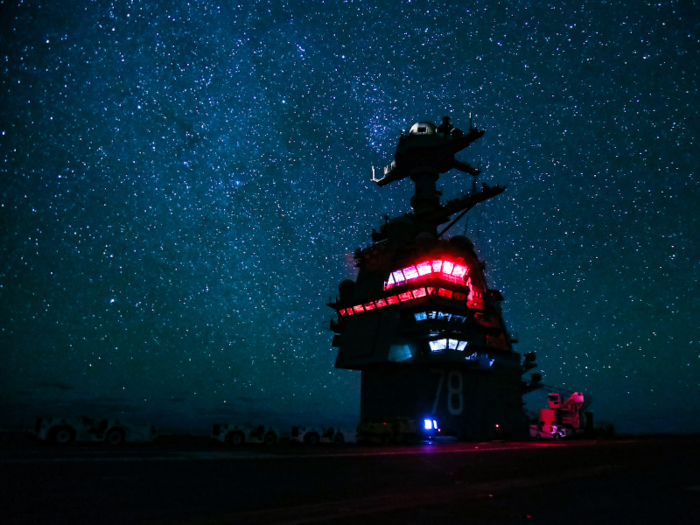 The new USS Gerald R. Ford aircraft carrier transits the Atlantic Ocean on December 13.