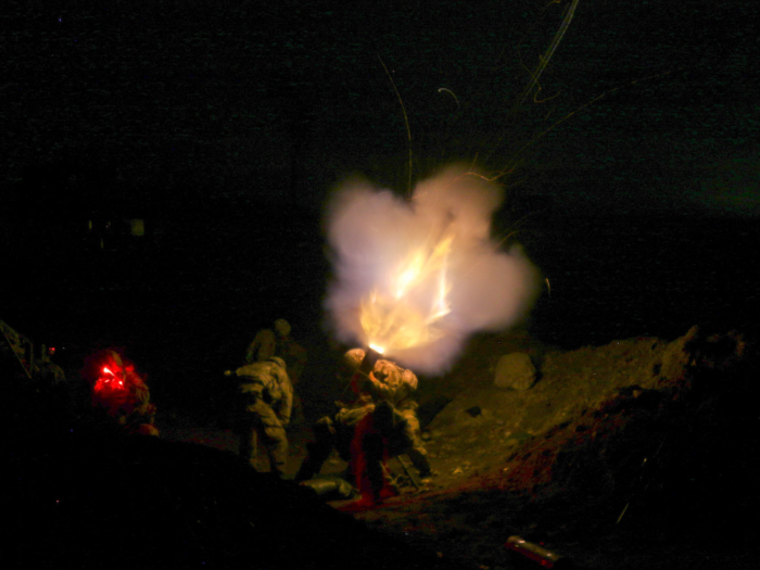 Army mortarmen, deployed in support of Combined Joint Task Force Operation Inherent Resolve, fire mortars near Al Tarab, Iraq, during the offensive to liberate western Mosul from the terrorist group ISIS on March 19.