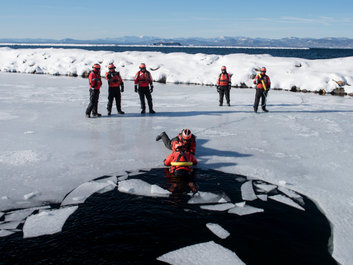 US Coast Guard ice-rescue team members training on Lake Champlain at Coast Guard Station Burlington on February 17.