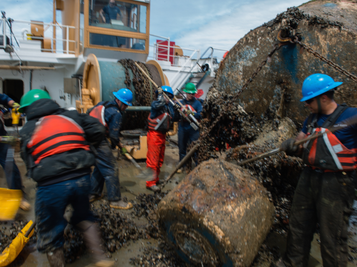 The crew of Coast Guard Cutter Oak scrapes mussels off a buoy and shovels them back into the ocean off the Massachusetts coast on May 10.