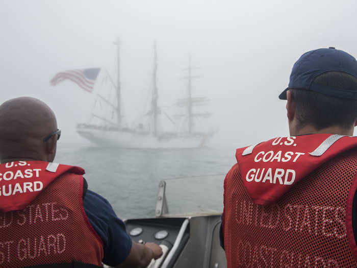 US Coast Guard Cutter Eagle sailed into some foggy weather in Casco Bay during its arrival in Portland, Maine on August 4. The arrival coincided with Coast Guard