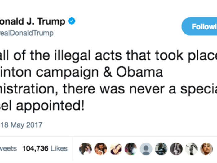 When he responded to a special counsel being appointed to lead the Russia investigation