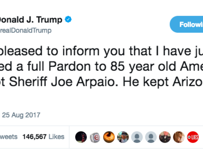 When he pardoned disgraced Arizona sheriff Joe Arpaio while Hurricane Harvey devastated Texas