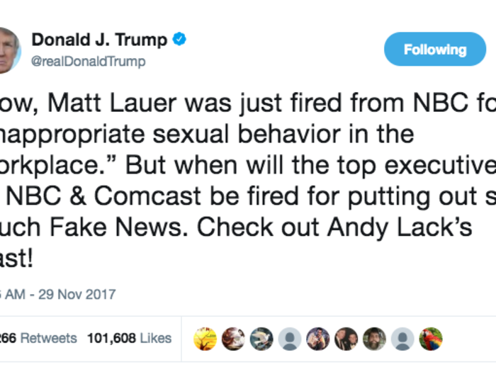 When he asked people to check out the pasts of top NBC executives after Matt Lauer was fired, and appeared to promote a right-wing conspiracy theory that MSNBC