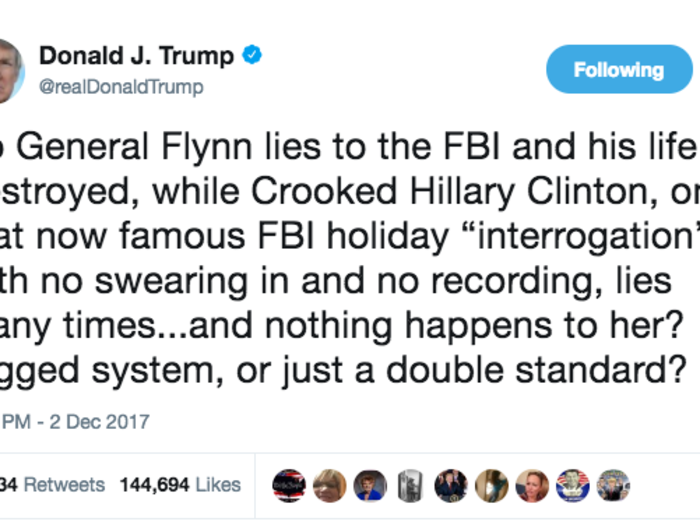 When he had the chance to respond to Flynn, his former national security adviser, pleading guilty for lying to the FBI