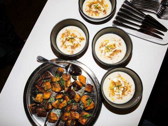 Atwood also made some celery root soup with chestnut creme and breadcrumbs, as well as some patatas bravas.