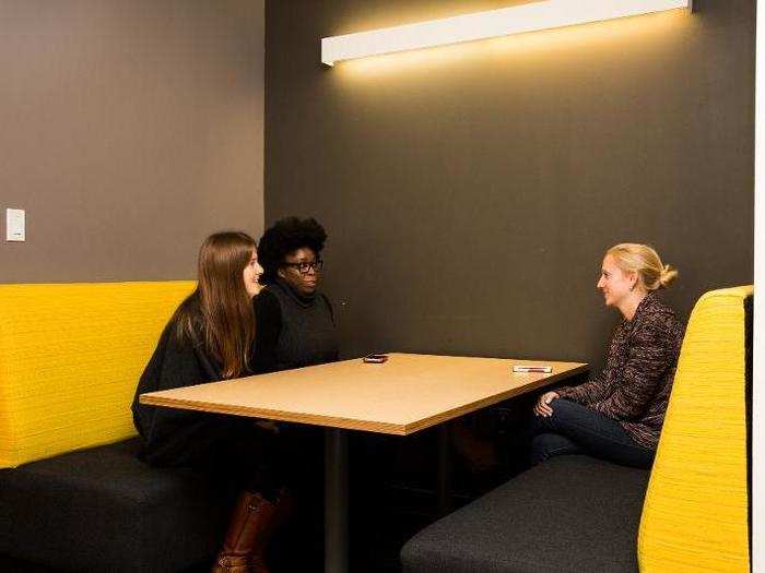 Staffers can choose to have meetings in these small, colorful restaurant-inspired booths and mini-pods.