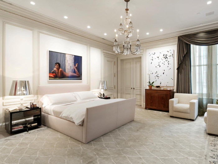 A spacious and modern master suite occupies the third floor. The master dressing room has glass shelves, a lighted handbag display, and a temperature controlled vault for furs.