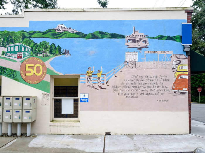 There is a mural on the side of the post office recounting the incorporation of Medina in 1955. The city was first settled in 1891 and named after a city in Saudi Arabia.